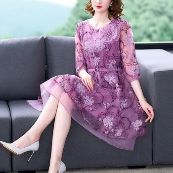 Высококачественная Женская Розовая вышивка из натурального шелка Миди, Летнее Модное Легкое Свободное платье 2023, Новый Корейский Элегантный вечерний халат