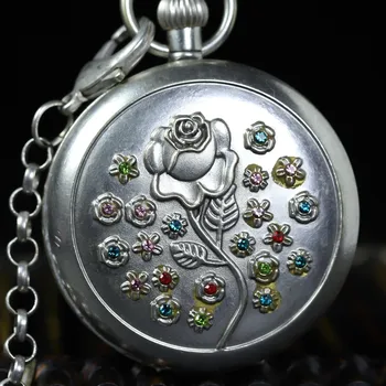 Мужские карманные часы на цепочке, предметы коллекционирования, Европейский стиль, Механические карманные часы с двойным отверстием, Серебряные, с драгоценными камнями