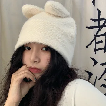 Милая женская осенне-зимняя вязаная шерстяная шапка с заячьими ушками и драпировкой, зимняя теплая Корейская версия японской шляпы