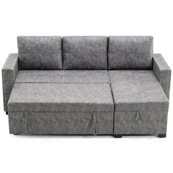 84-дюймовый выдвижной L-образный диван-кровать для хранения вещей на 3 персоны, угловой диван с креслом для хранения вещей, обитый отделкой в виде гвоздей