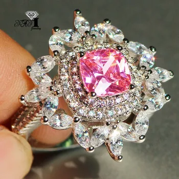 YaYI Jewelry Fashion Princess Cut Prong Оправа Розовый Кубический цирконий Серебряный цвет Обручальные кольца для свадебной вечеринки